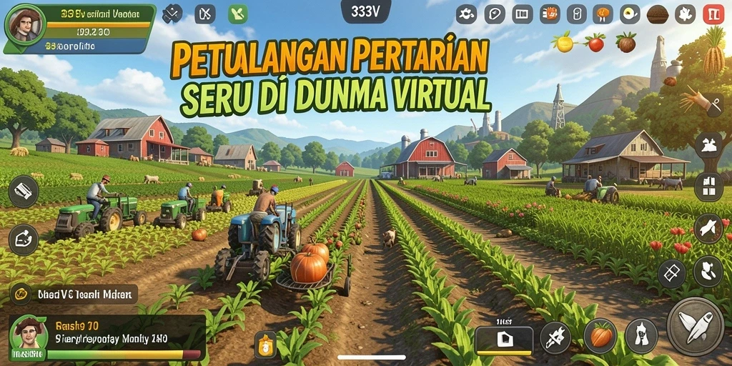 Tangkapan layar 333V menampilkan kebun dan hewan ternak yang aktif.