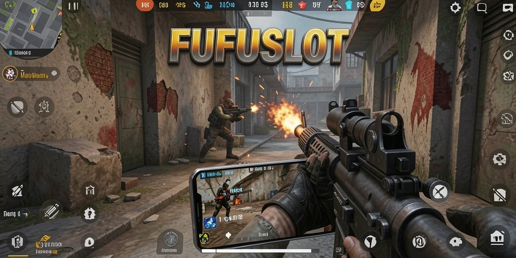 Screenshot FUFUSLOT menampilkan aksi gameplay yang intens dalam pertempuran FPS.