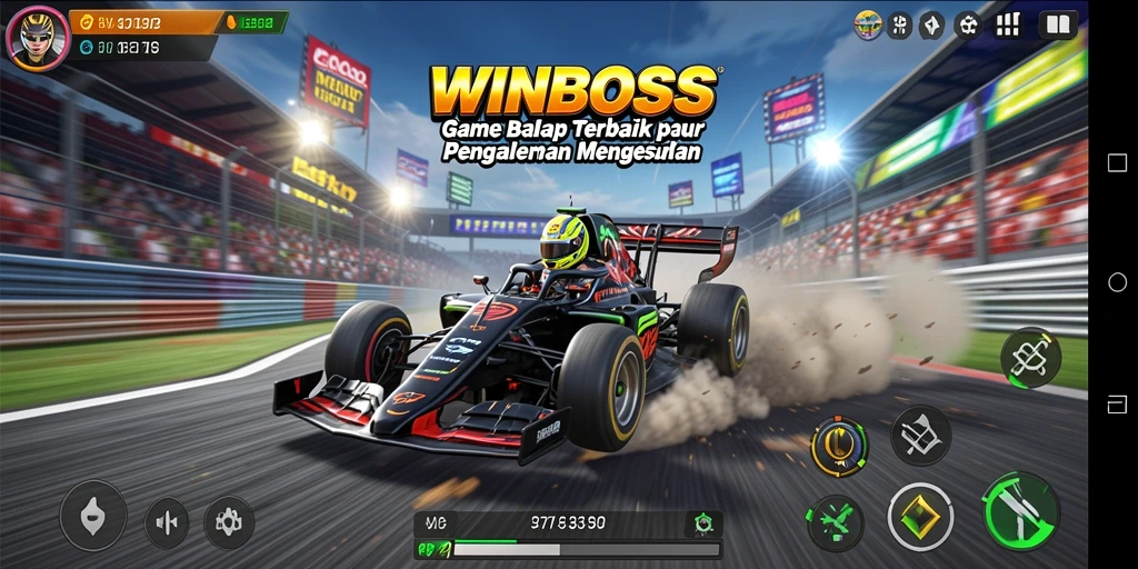Gameplay WINBOSS yang menampilkan balapan seru dan menantang di lintasan.